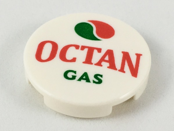 Lego Tile, Round 2 x 2 with Bottom Stud Holder with Octan Logo and 'OCTAN GAS' Pattern / White