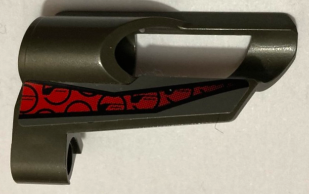 Lego Technic, Panel Fairing # 5 Small Short, Large Hole, Side A with Black and Red Pattern (Sticker) - Set 8353 / Pearl Dark Gray