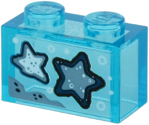 Lego Brick 1 x 2 without Bottom Tube with 2 Blue Starfish on Transparent Background Pattern (Sticker) - Set 60266 / Trans-Light Blue