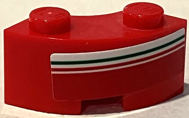 Lego Brick, Round Corner 2 x 2 Macaroni with Stud Notch and Reinforced Underside with Red and Green Lines on White Stripe Pattern Model Right Side (Sticker) - Set 75889 / Red
