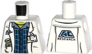 Lego Torso Lab Coat with Pockets and ID Badge over Plaid Shirt and Lime Top and 'AC RESEARCH' on Back Pattern / White