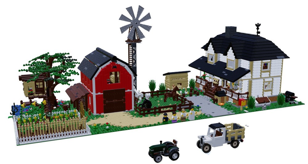 Lego Big Farm with living house, barn, wind wheel, tree, tractor and transporter