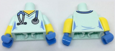 Lego Torso Female Hospital Scrubs with Medium Blue Stethoscope Pattern / Yellow Arms with Molded Light Aqua Short Sleeves Pattern / Medium Blue Hands