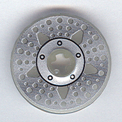 Lego Technic, Disk 3 x 3 with Disk Brake Silver Hub 5-Bolt Star with Holes-in-Line Pattern (Sticker) - Set 8646 / Glow In Dark Trans