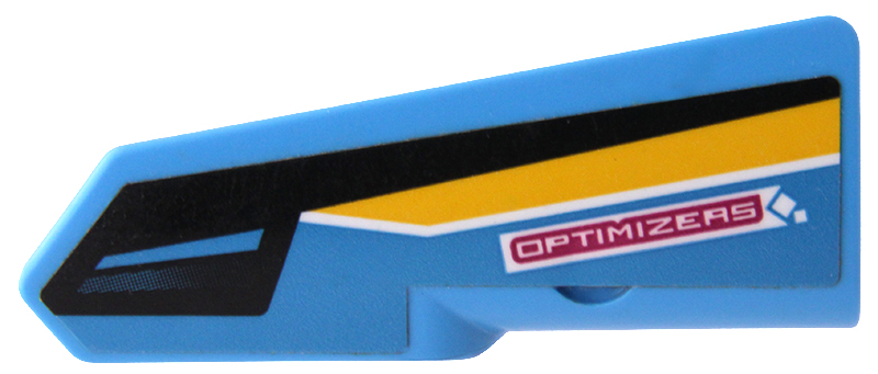 Lego Technic, Panel Fairing #21 Very Small Smooth, Side B with 'OPTIMIZERS', Black and Yellow Stripes Pattern (Sticker) - Set 42095 / Dark Azure