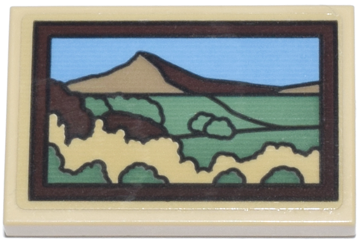 Lego Tile 2 x 3 with Painting with Dark Tan Mountain, Medium Blue Sky, Sand Green and Tan Fields with Bushes in Dark Brown Frame Pattern (Sticker) - Set 76218 / Tan