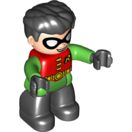 Lego Duplo Figure with Thick Hair Combed Forward, with Black Legs and Hands, Bright Green Arms, and Robin Logo Print