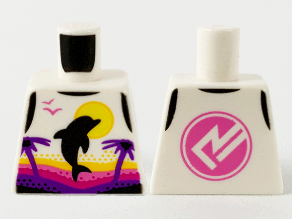 Lego Torso Female Wetsuit with Yellow Sun, Black Dolphin, Dark Purple Palm Trees, Dark Pink Logo on Back Pattern / White