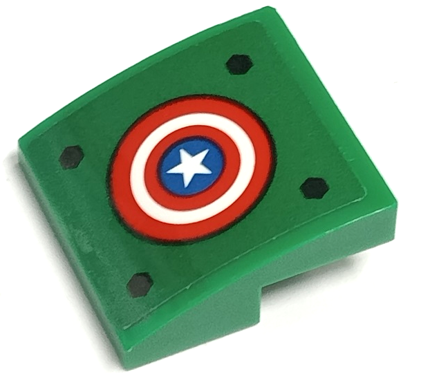 Lego Slope, Curved 2 x 2 x 2/3 with Black Bolts, Red and White Concentric Rings and Star in Blue Circle Pattern (Captain America Shield) (Sticker) - Set 76201 / Green
