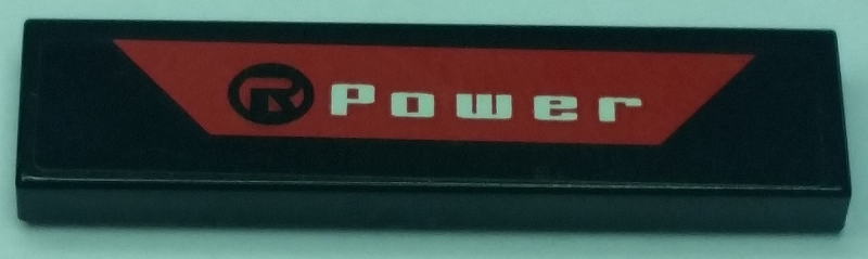 Lego Tile 1 x 4 with 'R Power' over Red Trapezoid Pattern (Sticker) - Set 8863 / Black