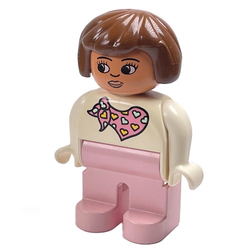 Lego Duplo Figure, Early, Hair Bob Brown, Light Pink Legs, Pink Scarf with Hearts Print / White