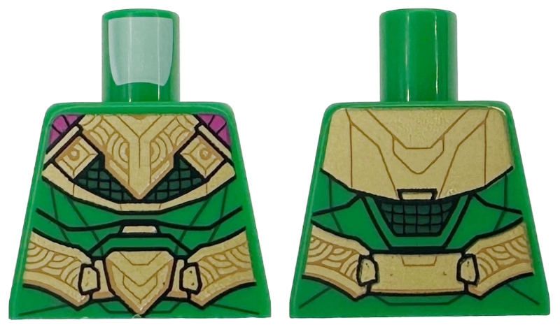 Lego Torso Armor, Gold Chest Plates, Belt and Buckles, Magenta Cape, Black Mesh with Dark Green Background Pattern / Green