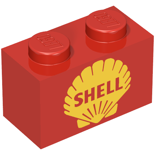 Lego Brick 1 x 2 with Shell Logo Type II Print / Red