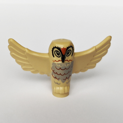 Lego Animal, Bird, Owl Small with Open Wings, Angular Features with Black Eyes and Beak and Reddish Brown Rippled Chest Feathers Print / Tan