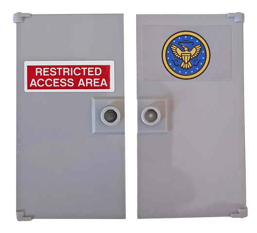 Lego Door 1 x 4 x 6 with Stud Handle with 'RESTRICTED ACCESS AREA' on Red Background and Circle with Eagle Pattern on Both Sides (Stickers) - Set 76157 / Light Bluish Gray