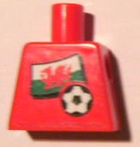 Lego Torso Soccer Red/White Team, Welsh Flag Sticker Front, Black Number Sticker Back Pattern (specify number in listing) / Red
