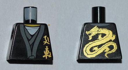 Lego Torso Ninjago Gold Asian Characters Front and Dragon Back Pattern / Black