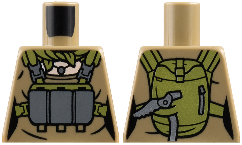 Lego Torso Female Top, Olive Green Scarf, Utility Harness with Backpack, Dark Bluish Gray Pendant Necklace, Light Nougat Neck Pattern / Dark Tan