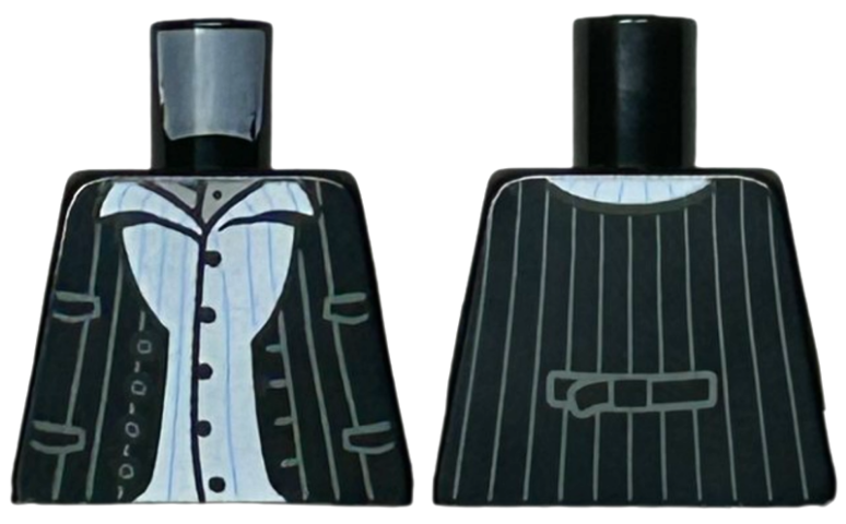 Lego Torso Vest Open with Buttons, Pockets, and Dark Bluish Gray Pinstripes over White Button Up Shirt with Medium Blue Pinstripes Pattern