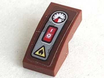 Lego Slope, Curved 2 x 1 x 2/3 with Silver Panel with Gauge, Red Switch and Yellow Fire Danger Triangle Pattern (Sticker) - Set 70421 / Reddish Brown