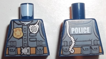 Lego Torso Dark Bluish Gray Body Armor Vest with Strap over White Shirt, Medium Nougat Belt with Pouches and Silver Buckle, Gold Star Badge, Radio with Cord, Thin Font 'POLICE' on Back Pattern / Dark Blue
