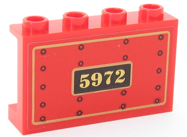 Lego Panel 1 x 4 x 2 with Side Supports - Hollow Studs with Gold '5972', Black Rivets and Gold Borders on Red Background Pattern (Sticker) - Set 75955 / Red