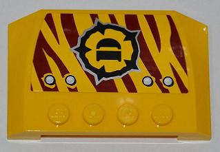 Lego Wedge 4 x 6 x 2/3 Triple Curved with 4 Rivets and Dino Logo on Dark Red Tiger Stripes Pattern Model Left Side (Sticker) - Set 5888 / Yellow