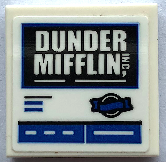 Lego Tile 2 x 2 with 'DUNDER MIFFLIN, INC' Sign with White Lines and Blue Border Pattern (Sticker) - Set 21336