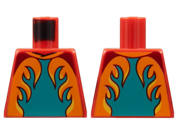 Lego Torso Racing Suit, Dark Turquoise Panel, Orange and Yellow Flames Pattern / Red