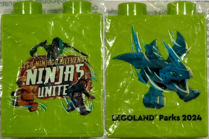 Lego Duplo, Brick 1 x 2 x 2 with LEGO Ninjago Weekends Ninjas Unite LEGOLAND Parks 2024 Pattern / Lime