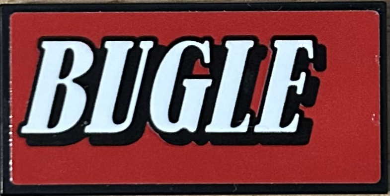 Lego Tile 2 x 4 with White 'BUGLE' on Red Background Pattern Model Left Side (Sticker) - Set 76178 / Black