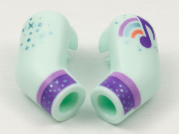 Lego Arm, (Matching Left and Right) Pair with Metallic Light Blue Sparkles, Music Note and Dark Purple Cuff Pattern / Light Aqua