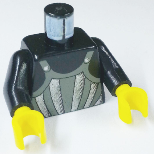 Lego Torso Armor, Dark Gray with Silver Stripes Print (Fright Knights), Black Arms, Yellow Hands