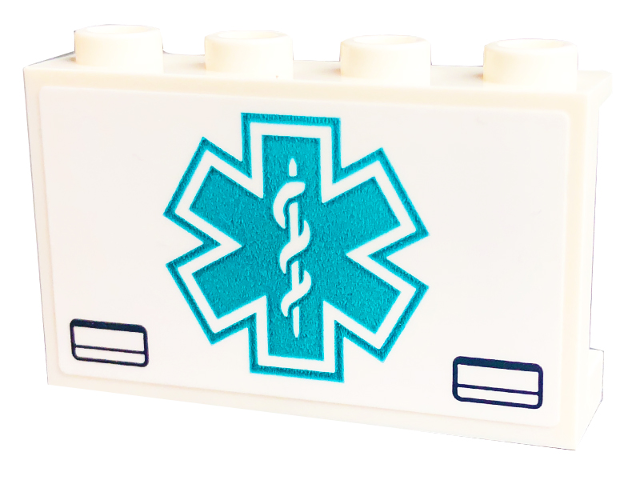 Lego Panel 1 x 4 x 2 with Side Supports - Hollow Studs with Dark Turquoise Star of Life and 2 Handles Pattern (Sticker) - Set 40582 / White