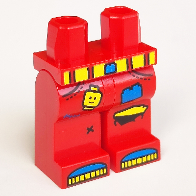 Lego Hips and Red Legs with Yellow Belt, Pockets, Boots, Vertical Scratches/Tears, Blue Brick and Yellow Minifig Head Print / Red