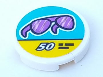 Lego Tile, Round 2 x 2 with Bottom Stud Holder with Trans-Purple Sunglasses and '50' on Medium Azure and Yellow Sign Pattern (Sticker) - Set 41315 / White
