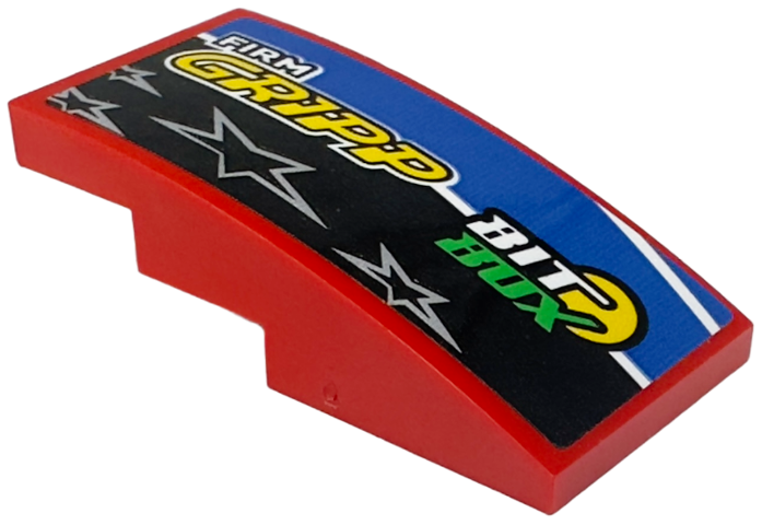 Lego Slope, Curved 4 x 2 with 'BIT BOX', 'FIRM GRIPP' and 4 Stars on Black, Blue and White Stripes Pattern Model Right Side (Sticker) - Set 42153 / Red