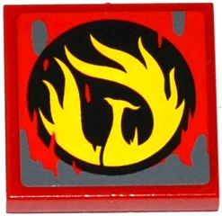 Lego Tile 2 x 2 with Yellow Phoenix Flames in Black Circle and Dark Bluish Gray Splatters Pattern (Sticker) - Set 70750