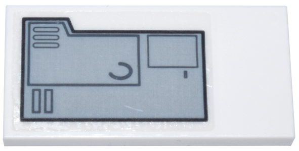 Lego Tile 2 x 4 with Light Bluish Gray and Black Mechanical Panel with Tab and Dark Bluish Gray Rectangles and Curve Pattern Model Left Side (Sticker) - Set 75357 / White