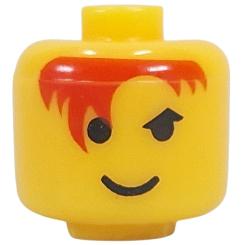 Lego Pen Bead, Round Large, Curved Edges / Cylinder with Minifig Head with Red Hair Print / Yellow