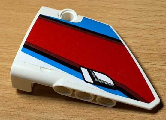 Lego Technic, Panel Fairing #13 Large Short Smooth, Side A with Red, Black and Blue Lines and Door Handle Pattern (Sticker) - Set 42077 / White