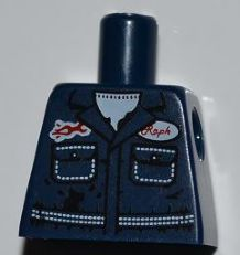 Lego Torso Mechanic with Pockets, Oil Stains, White Undershirt, and Raph Name Badge Pattern / Dark Blue