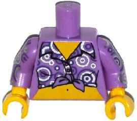 Lego Torso Female Shirt Tied at Waist with Purple and Silver Circles Pattern / Medium Lavender Arms with Purple and Silver Circles Pattern / Yellow Hands