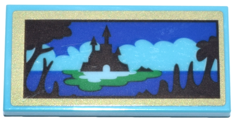 Lego Tile 2 x 4 with Landscape Picture of Castle on Island, Clouds, Trees in Foreground, Gold Frame Pattern (Sticker) - Set 43263