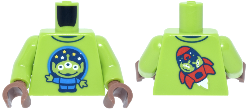 Lego Torso Shirt with Dark Blue Trim and Dark Azure Circle, Stars and Toy Story Alien, Red Rocket on Back Pattern / Lime Arms / Medium Brown Hands