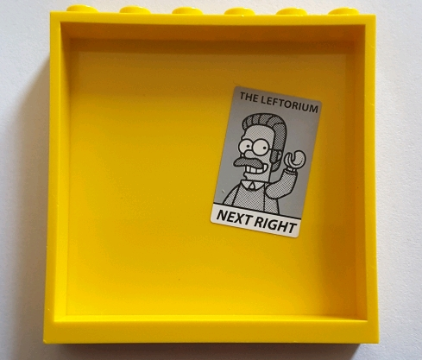 Lego Panel 1 x 6 x 5 with 'THE LEFTORIUM NEXT RIGHT' and Ned Flanders Pattern on Inside (Sticker) - Set 71016 / Yellow
