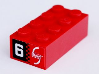 Lego Brick 2 x 4 with 'Mobile Phone' on Red Background and '6' on Black Background Pattern on Both Ends (Stickers) - Set 8130 / Red