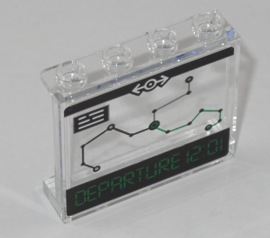 Lego Panel 1 x 4 x 3 with Side Supports - Hollow Studs - with Train Map and 'DEPARTURE 12:01' on Transparent Background Pattern (Sticker) - Set 60197 / Trans-Clear