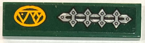 Lego Tile 1 x 4 with Silver Metal Plates with Spikes and Rivets and Bright Light Orange Triangles in Oval Pattern Model Right Side (Sticker) - Set 70434 / Dark Green