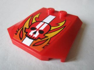Lego Wedge 4 x 4 x 2/3 Triple Curved with Skull, Flames and Stripe Pattern (Sticker) - Set 8897 / Red